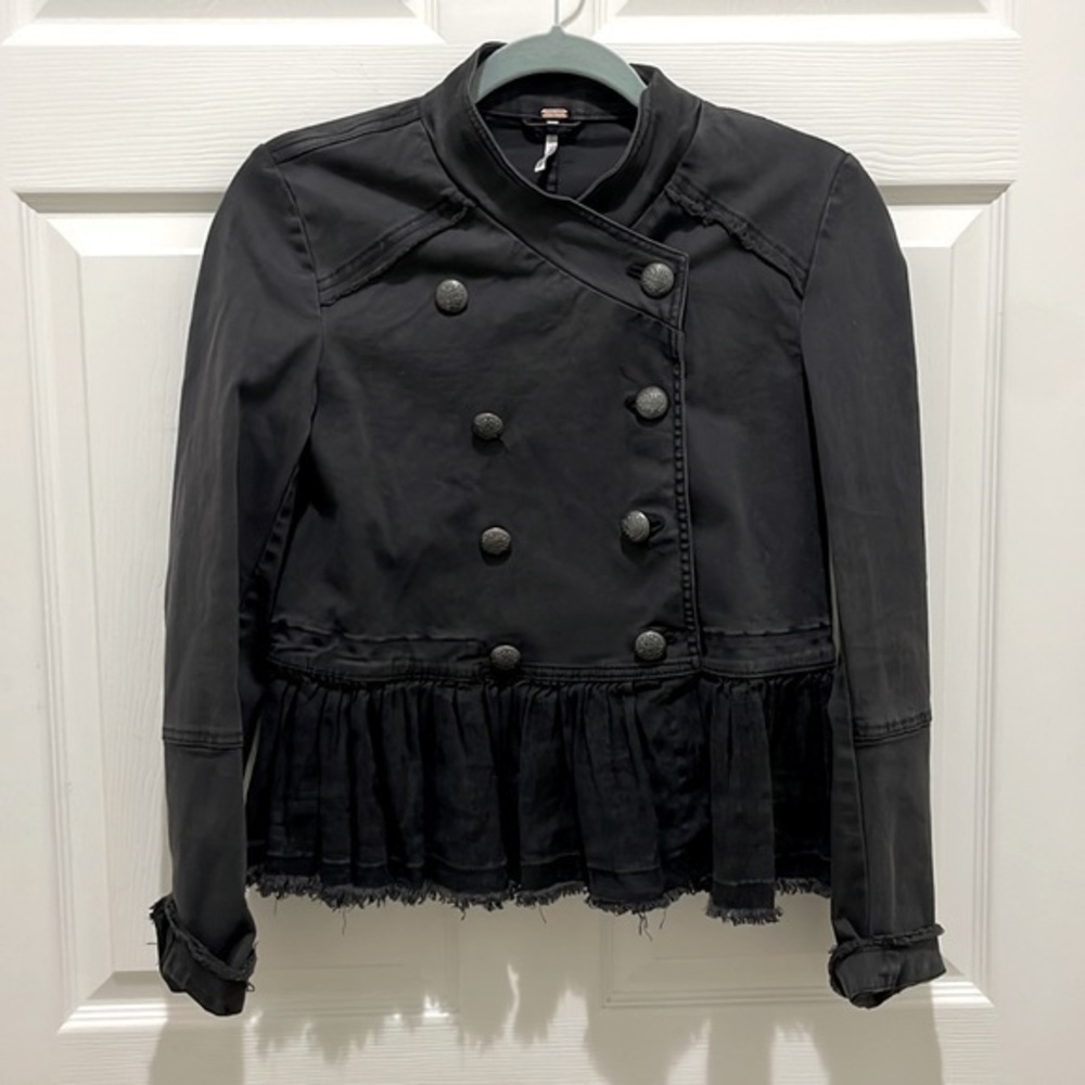 Free People Black Military Double Breasted Ruffle Hem Jacket
